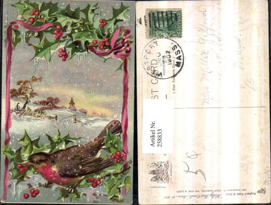 258833, Embossed postcard Christmas winter landscape passe-partout holly robin pub Raphael Tuck &amp; Sons 100