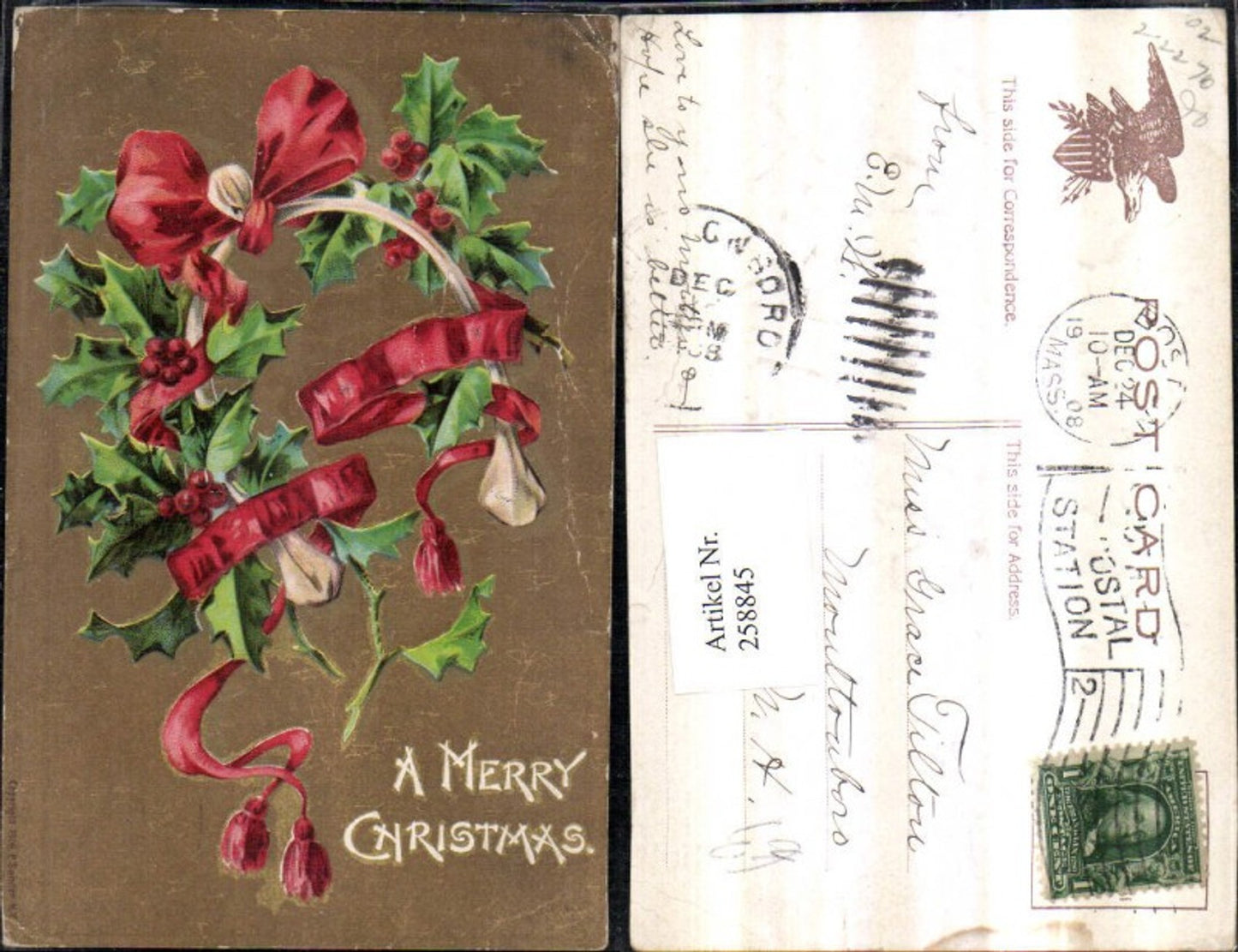 258845, embossed postcard Christmas wreath holly ribbon