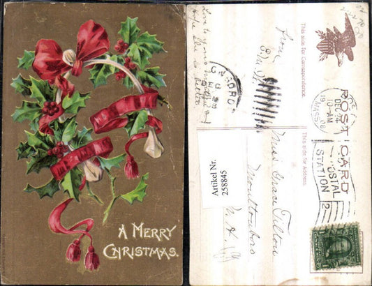 258845, embossed postcard Christmas wreath holly ribbon