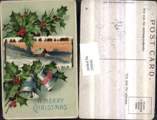 258846, embossed postcard Christmas winter landscape passe-partout holly bells