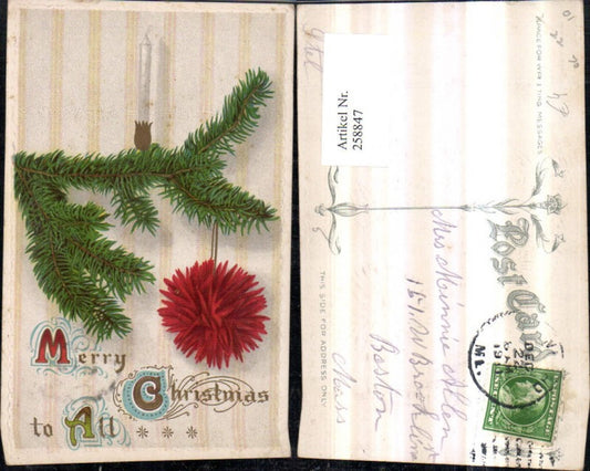 258847, embossed postcard Christmas fir branch candle ball