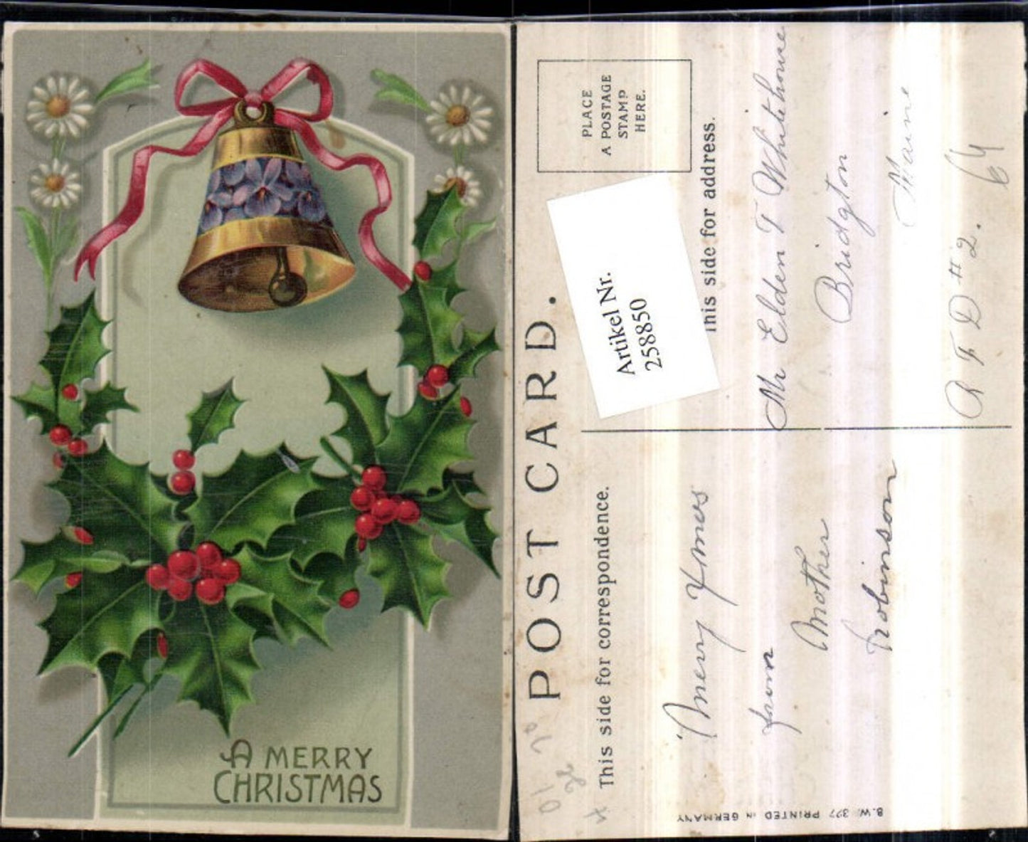 258850, Christmas bell violet ribbon holly