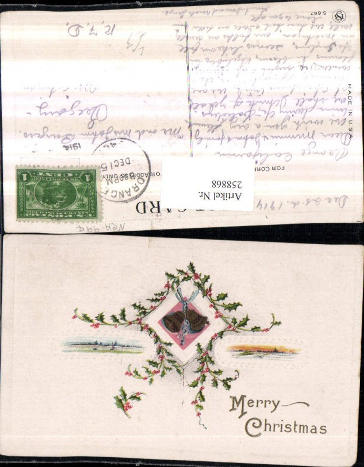 258868, Embossed Lithograph Postcard Christmas Landscapes Passepartout Bells Holly