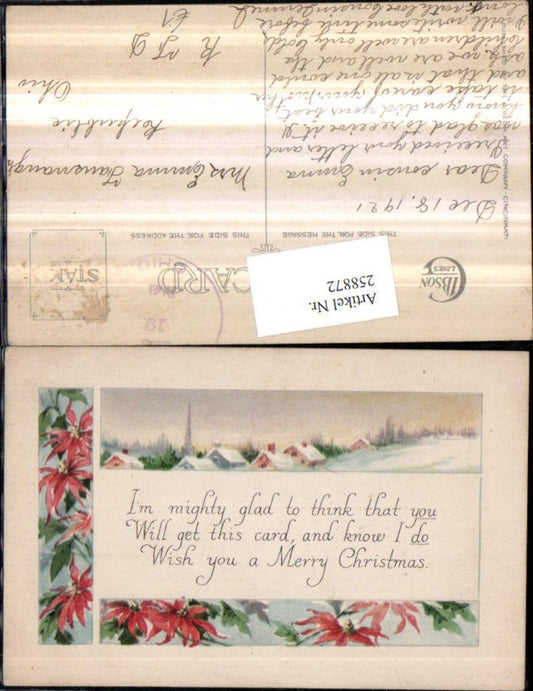 258872, Christmas Winter landscape Winter village Poinsettias Flowers Passepartout Saying Text