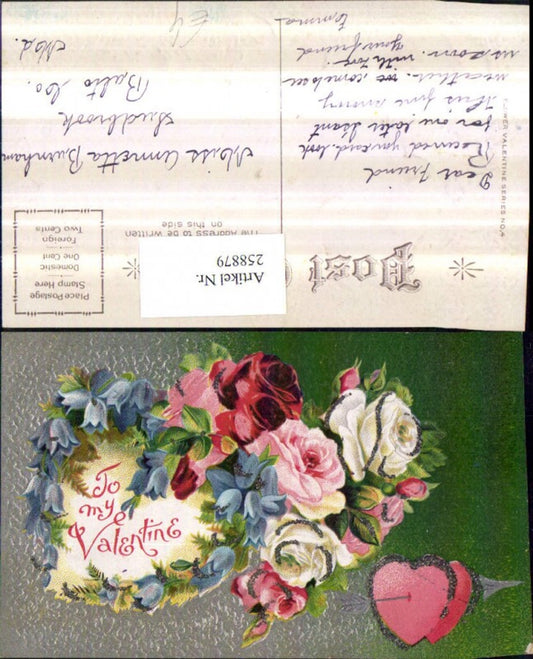 258879,Präge AK To my Valentine Valentinstag Rosen Glockenblumen Herzen Pfeil
