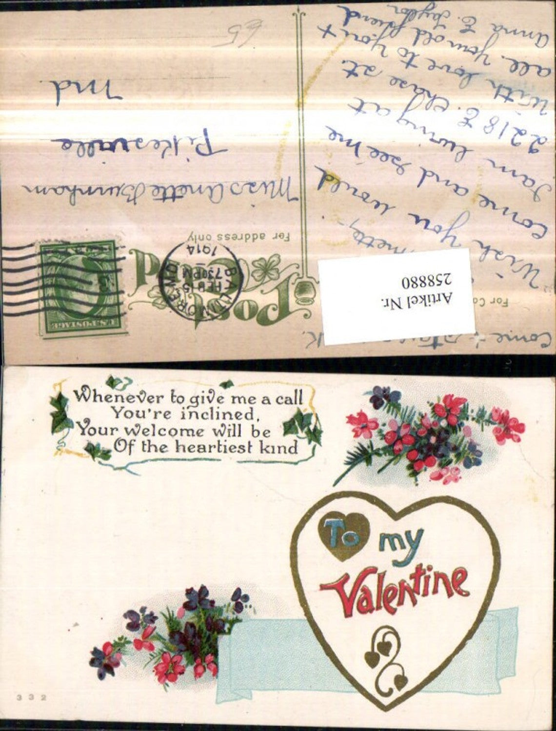 258880,Präge AK To my Valentine Valentinstag Herz Blumen Veilchen Spruch Text