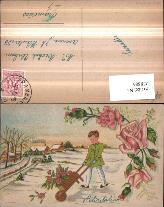 258886,Filicitation Glückwunsch Junge Bub m. Leiterwagen Rosen Winterlandschaft Brücke Kirche