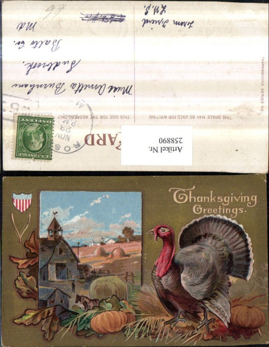 258890,Präge AK Thanksgiving Erntedank Landschaft Kirche Passepartout Truthahn Kürbis Blätter
