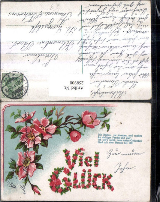 258900,Litho AK Viel Glück Blütenzweige Blüten Knospen Spruch Text