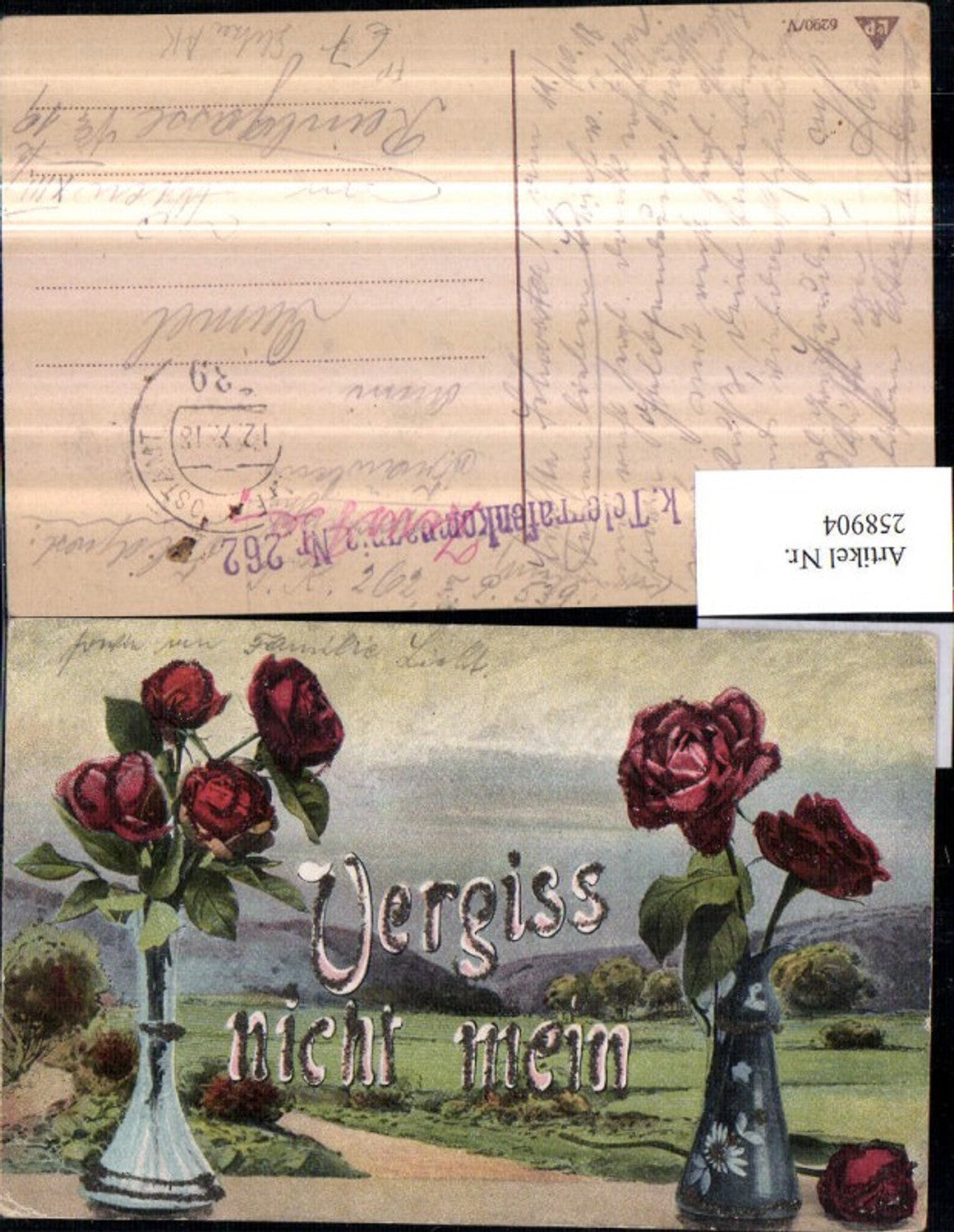 258904, Glitter AK Forget-me-not flower vases roses landscape field post telegraph company 262
