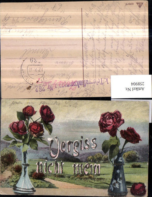 258904, Glitter AK Forget-me-not flower vases roses landscape field post telegraph company 262