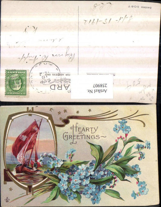 258907, Embosser Lithograph AK Hearty Greetings Sailboat Passepartout Forget-me-not Flowers