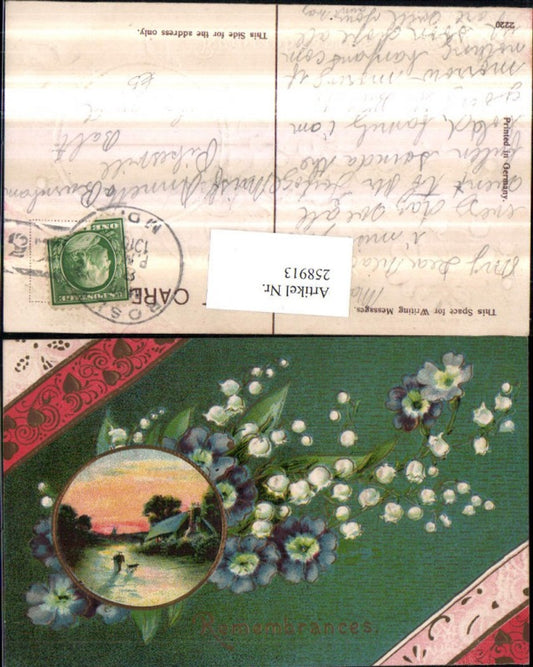 258913, embossed postcard Remembrances landscape house passepartout flowers snowdrops