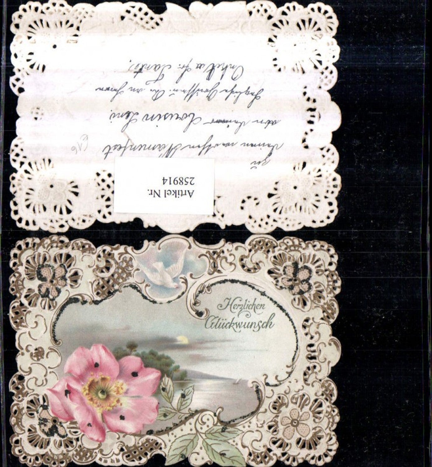 258914, Die-cut postcard, Congratulations, Landscape, Passepartout, Flower, Dove, Swirl