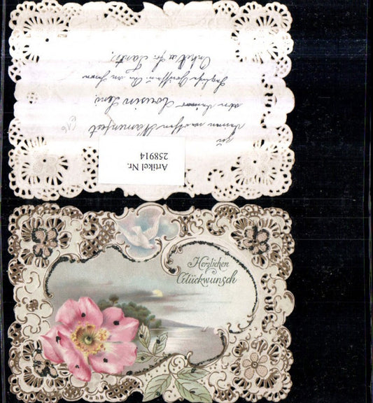 258914, Die-cut postcard, Congratulations, Landscape, Passepartout, Flower, Dove, Swirl