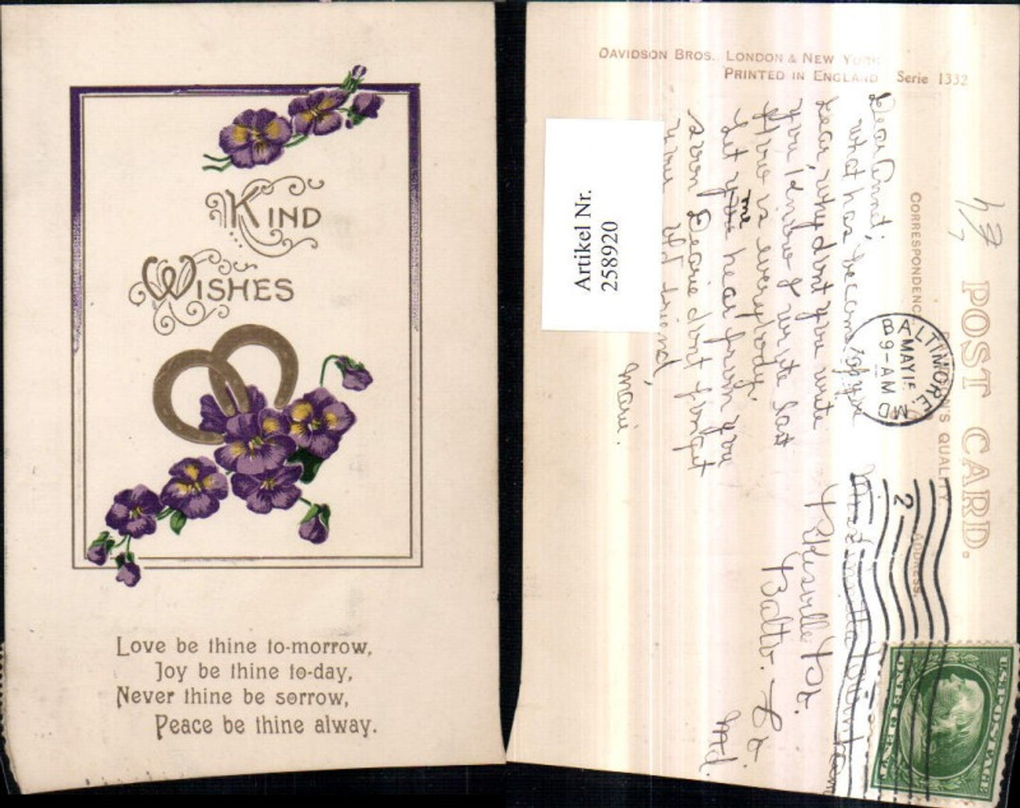 258920, Embossed Lithograph AK Child Wishes Flowers Pansies Horseshoe Saying Text