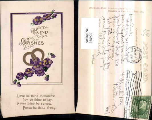 258920, Embossed Lithograph AK Child Wishes Flowers Pansies Horseshoe Saying Text