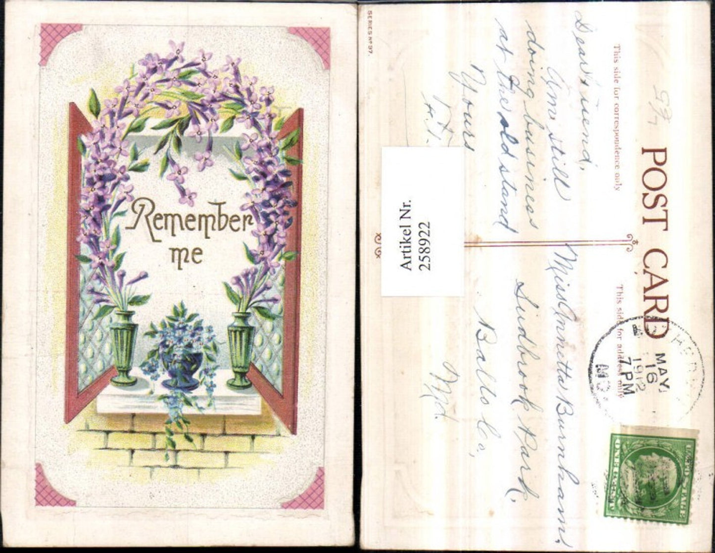 258922, Embosser Lithograph AK Remember me Flower vase Flowers Windowsill Window