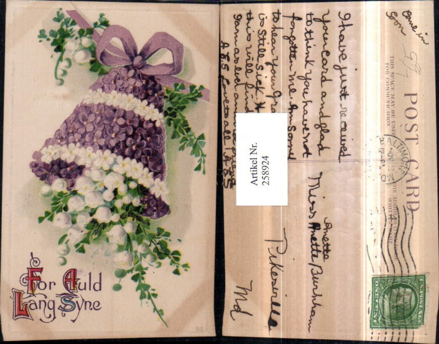 258924, Embosser Lithograph AK For auld lang syne Flower language Bell Flowers Violets Snowdrops Ribbon