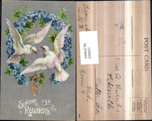 258927, Embosser Lithograph AK Sincere Regards Doves Horseshoes Flowers Forget-me-nots Clovers