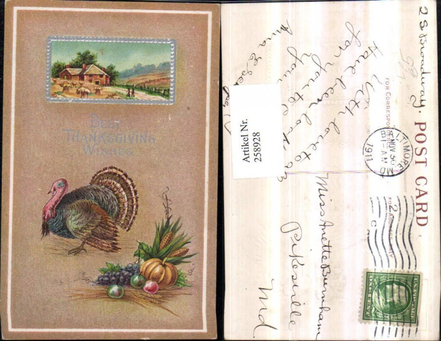 258928, Embosser Lithograph AK Thanksgiving Harvest Festival Landscape House Field Passepartout Turkey Pumpkin Corn Cob Grapes