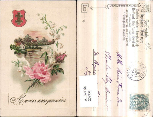 258931, Embosser Lithograph Postcard Landscape Church Passepartout Snowdrop Rose Coat of Arms