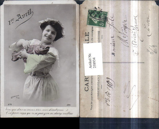 258934,1er Avril 1. April Frau m. Häubchen Kleid Schürze Fisch pub Lenormand CDA 575