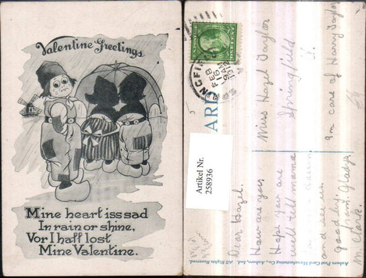 258936,Künstler AK Valentine Greetings Valentinstag Holländische Kinder Paar Kuss Schirm Pantoffeln Windmühle Regen