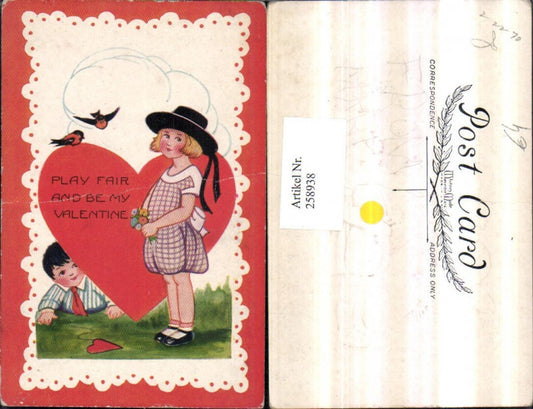 258938,Präge AK Valentine Valentinstag Mädchen m. Hut Blumenstrauß Junge Bub Herz Vögel