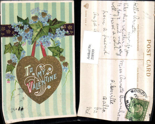 258939,Präge Litho AK Valentines Day  Valentinstag Herz Blumen Vergissmeinnicht Efeu