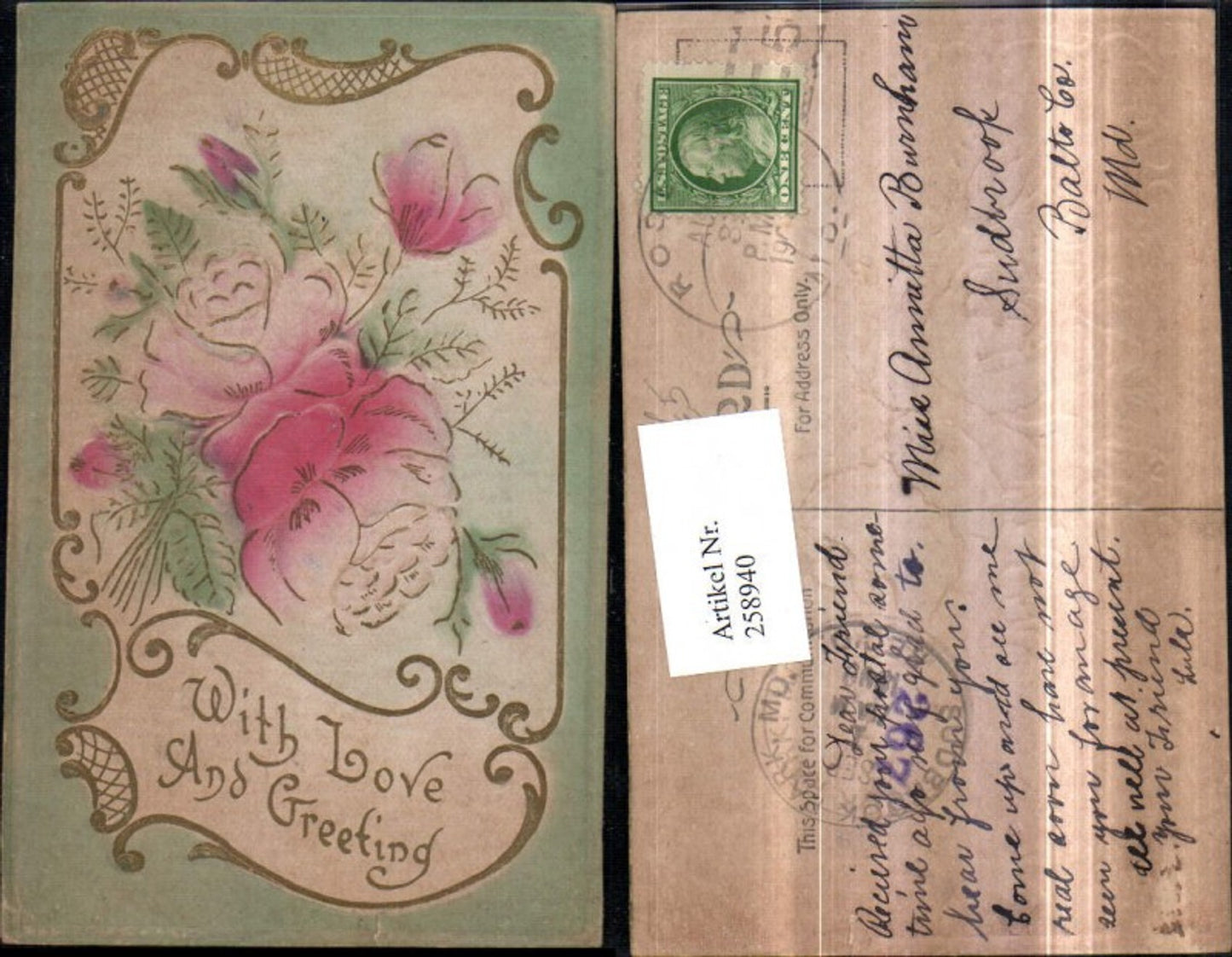258940,Präge Relief AK With Love and Greeting Rosen Rose Schnörkel