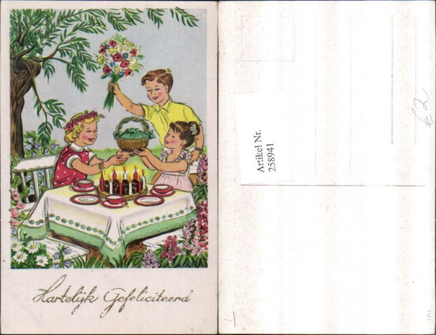 258941,Künstler AK Hartelijk Gefeliciteerd Herzlichen Glückwunsch Kinder Torte Kerzen Korb Blumenstrauß Tisch
