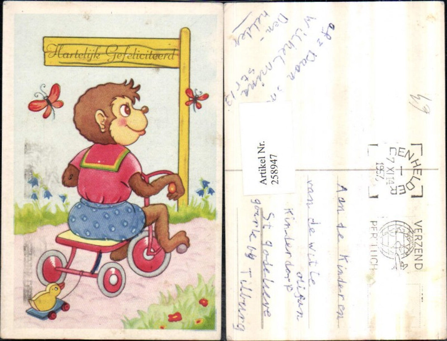 258947,Künstler AK Hartelijk Gefeliciteerd Herzlichen Glückwunsch Affe vermenschlicht Dreirad Schmetterlinge