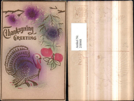 258948,Präge Litho AK Relief Thanksgiving Erntedank Truthahn Blumen Blätter Trauben