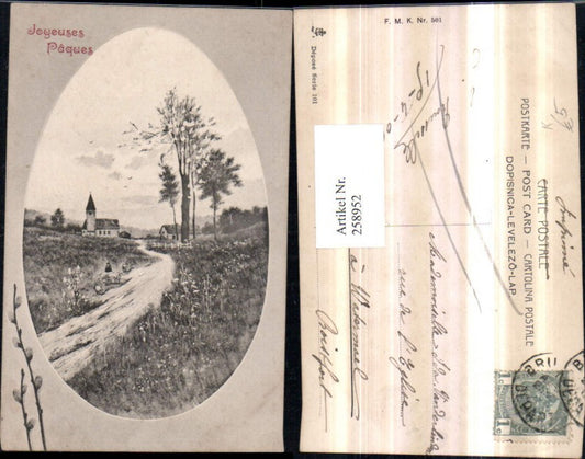 258952, Artist AK Joyeuses Paques Easter Landscape Roadside Church Passepartout Egg Pussy Willow