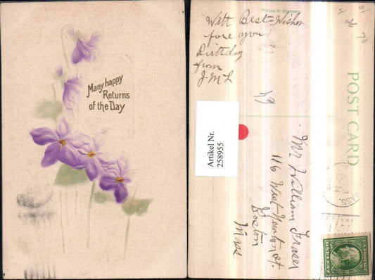 258955,Präge Relief AK Many happy returns of the Day Blumen Veilchen