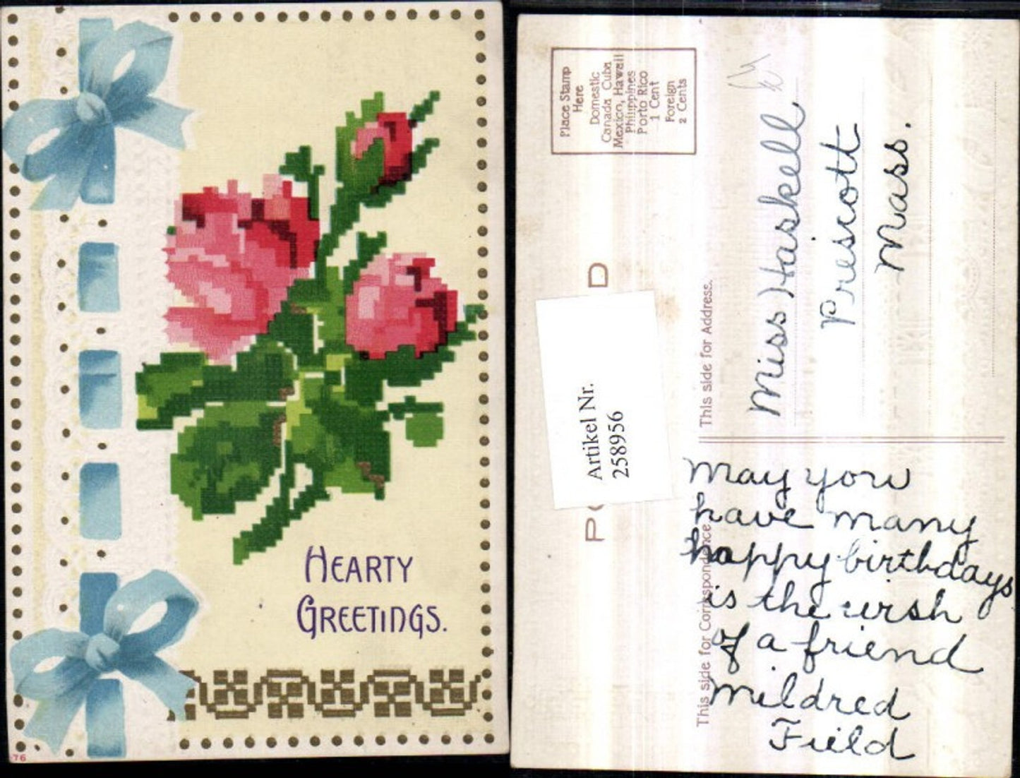 258956,Präge AK Stick-Optik Hearty Greetings Rosen Schleife