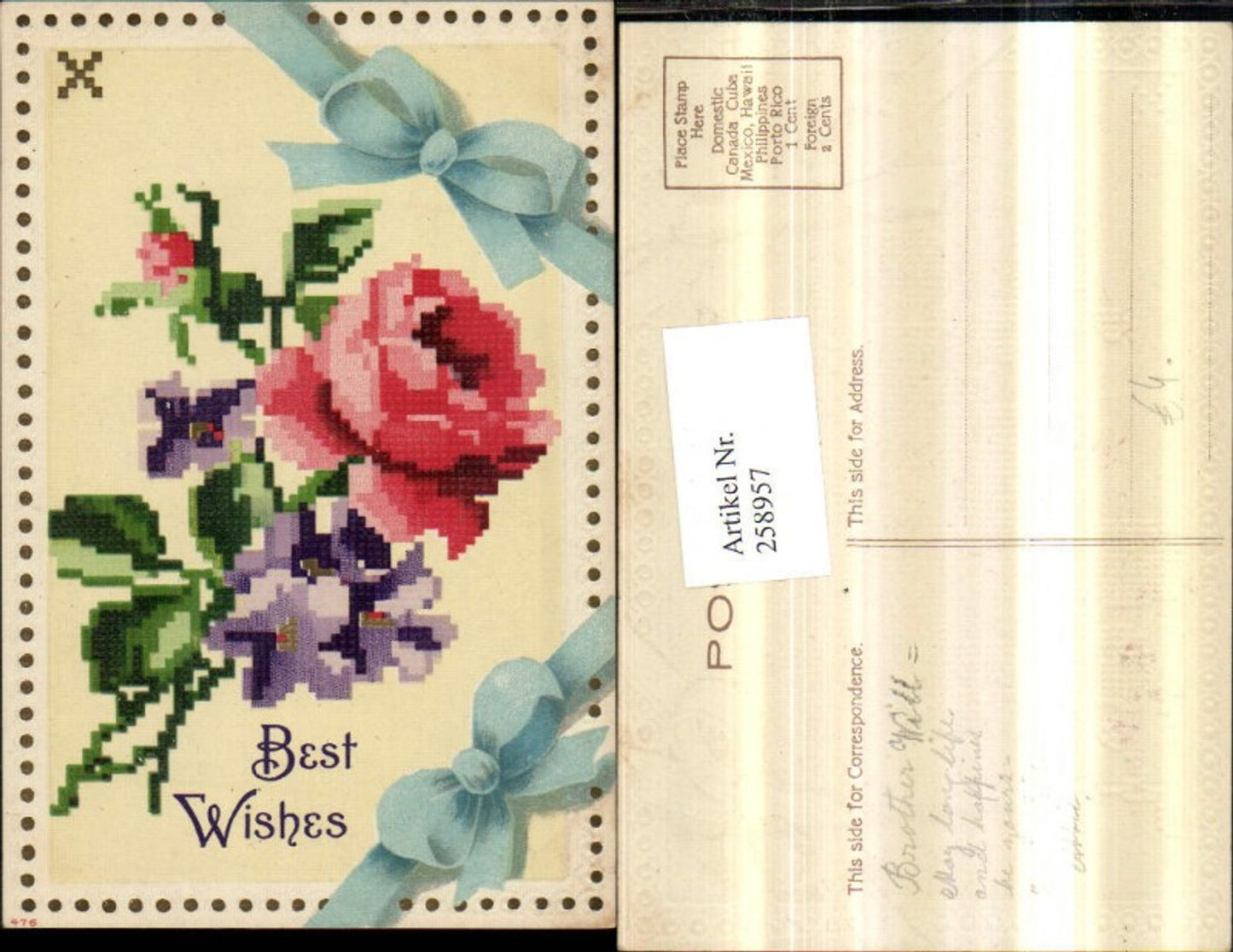 258957,Präge AK Stick-Optik Best Wishes Rosen Veilchen Schleife