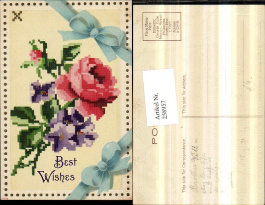 258957,Präge AK Stick-Optik Best Wishes Rosen Veilchen Schleife