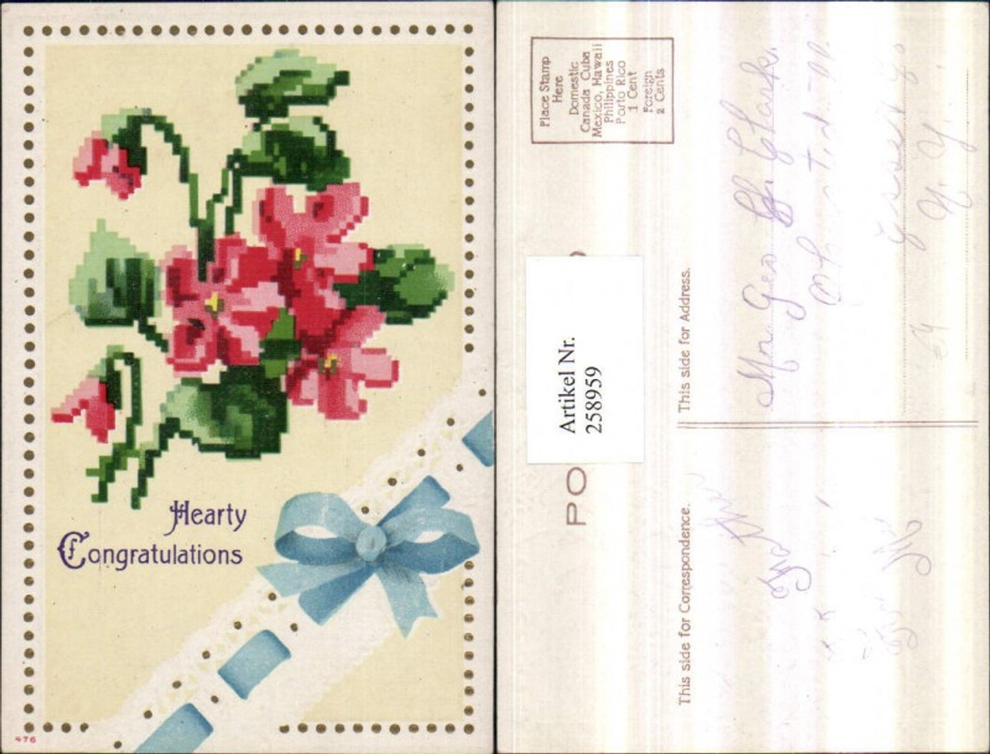 258959,Präge AK Stick-Optik Hearty Congratulations Blumen Schleife