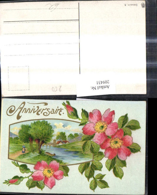 209431,Frau Weg a. Fluss Boot Passepartout Blumen Blüten Rosen Goldverzierung Anniversaire