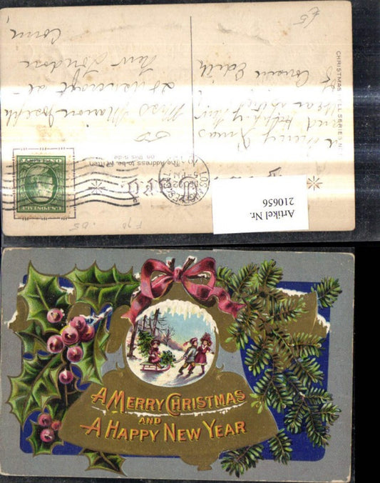 210656,Embossed postcard of children with sled, gifts, Christmas tree, bell, holly branch, bow