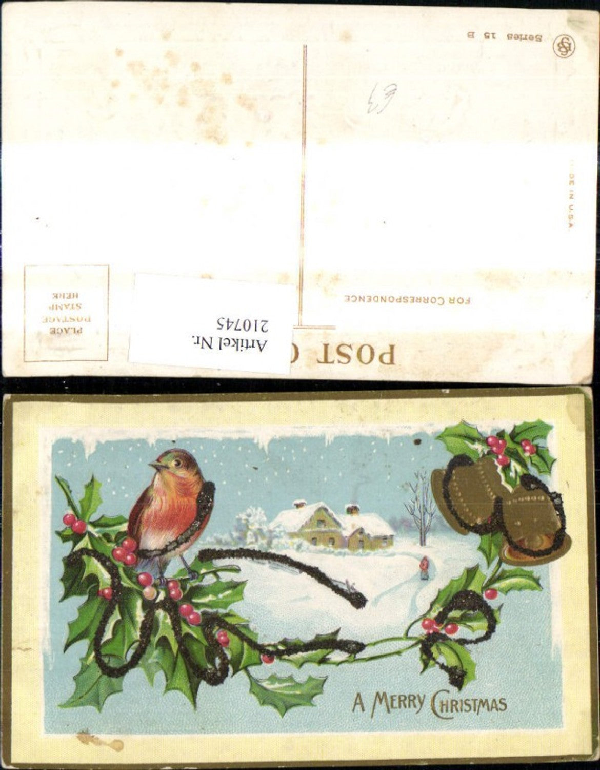 210745, embossed postcard featuring birds, a branch, glitter decoration, bells, a house, a winter landscape, and gold decoration