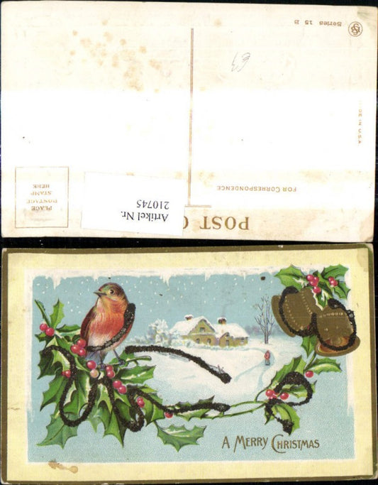 210745, embossed postcard featuring birds, a branch, glitter decoration, bells, a house, a winter landscape, and gold decoration