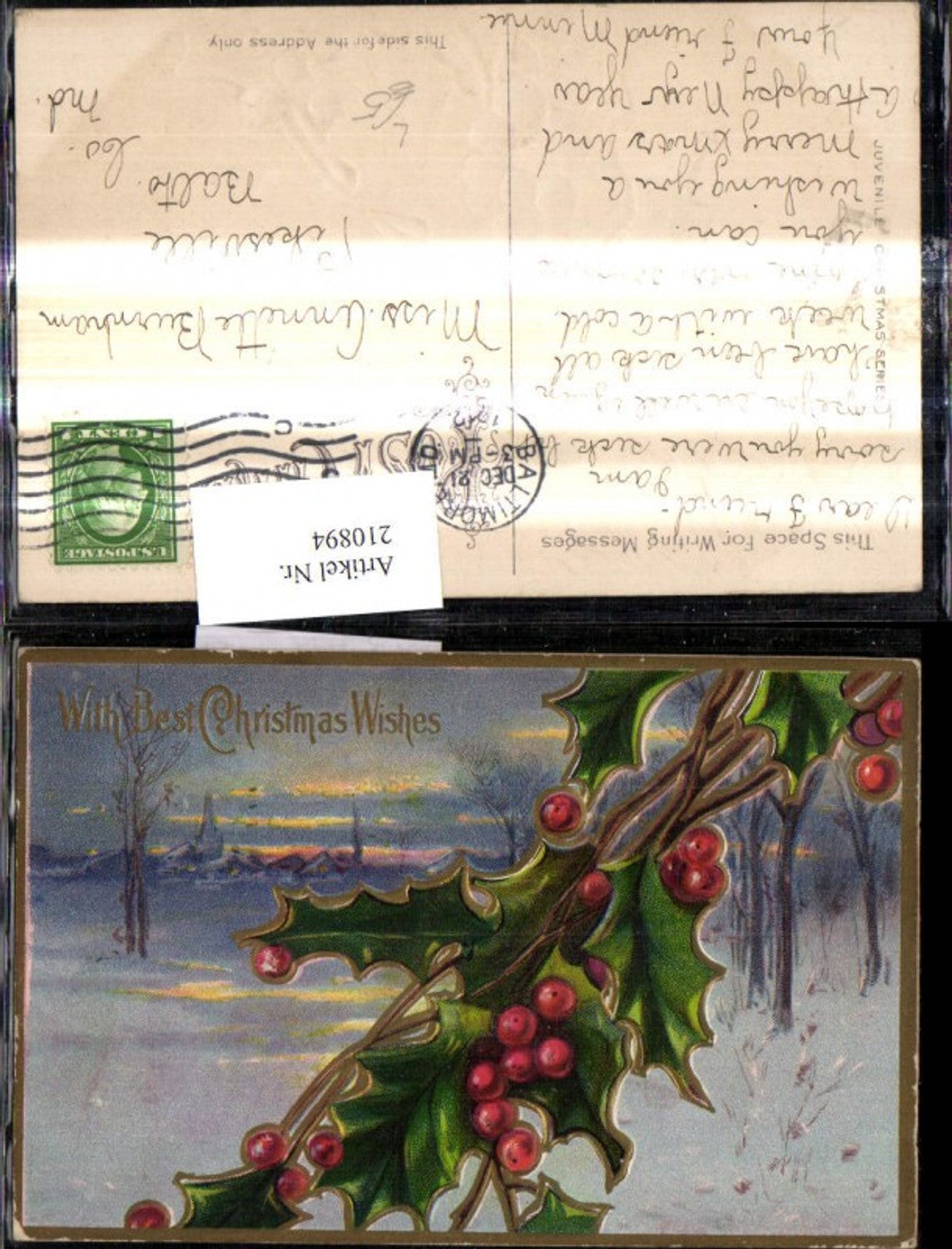 210894, Embosser Lithograph Holly Branch Winter Landscape Gold Ornament