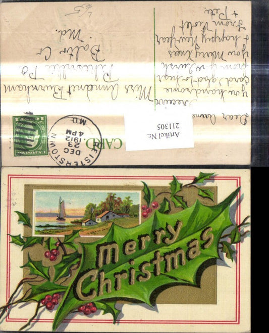 211305, Embosser Lithograph Christmas Sailboat House Landscape Passepartout Leaf Holly Gold Ornament