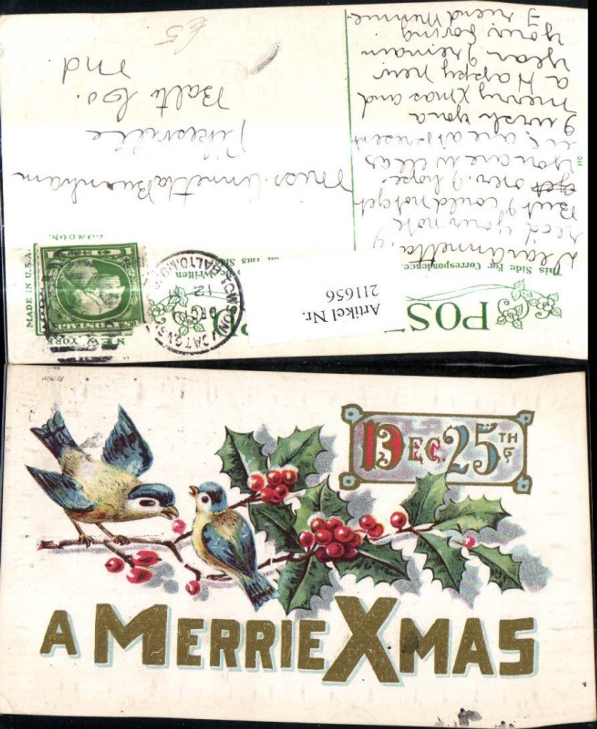 211656, Embossed postcard Christmas birds with holly branches, sign Dec. 25th Xmas