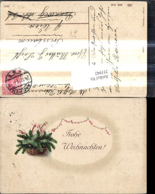 211942, Embossed Christmas basket with fir branches, ribbon, passe-partout, garland, flowers, pub HWB 4118