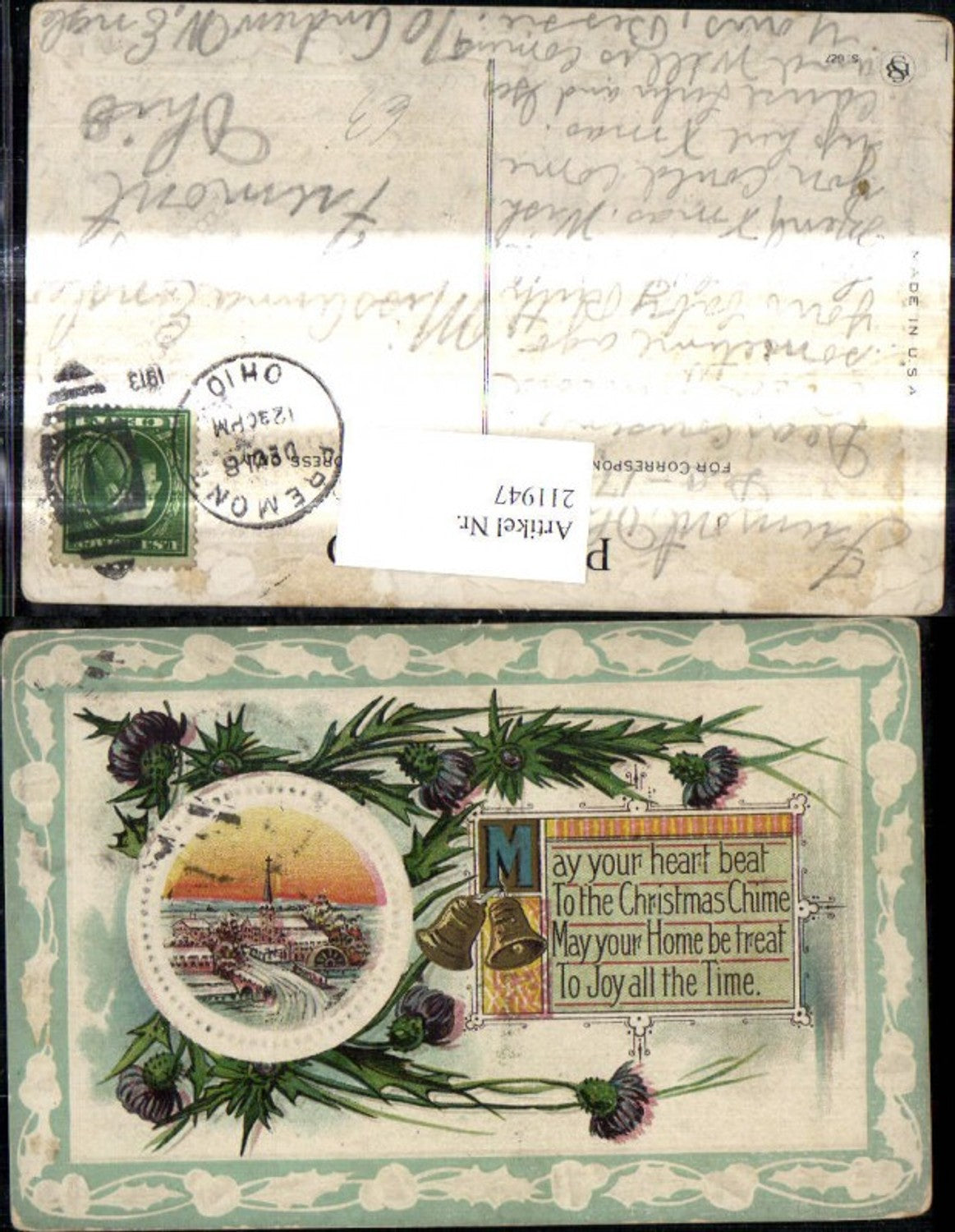 211947, Embosser postcard Christmas winter village passe-partout bells branches flowers saying