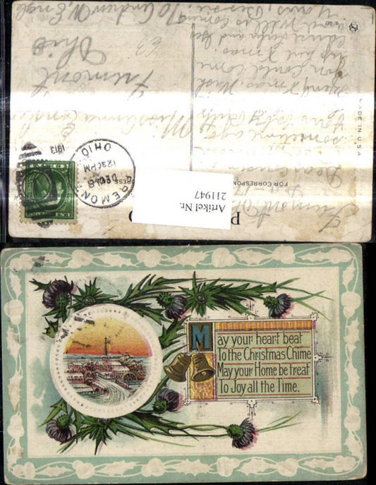 211947, Embosser postcard Christmas winter village passe-partout bells branches flowers saying